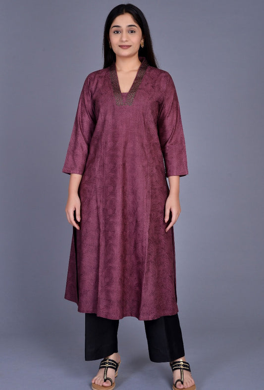 Wine Self-embroidered Silk Kurta