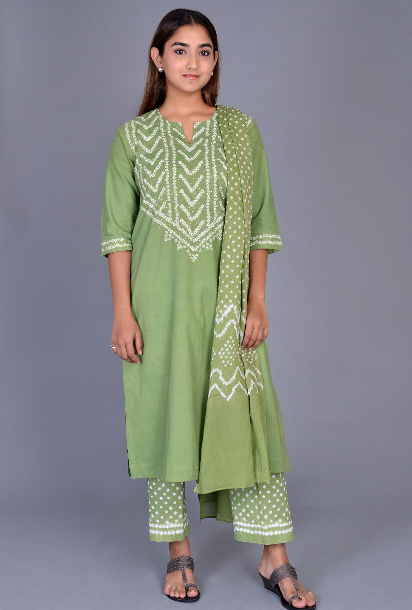 Green Cotton Bandhani Yoke Ensemble