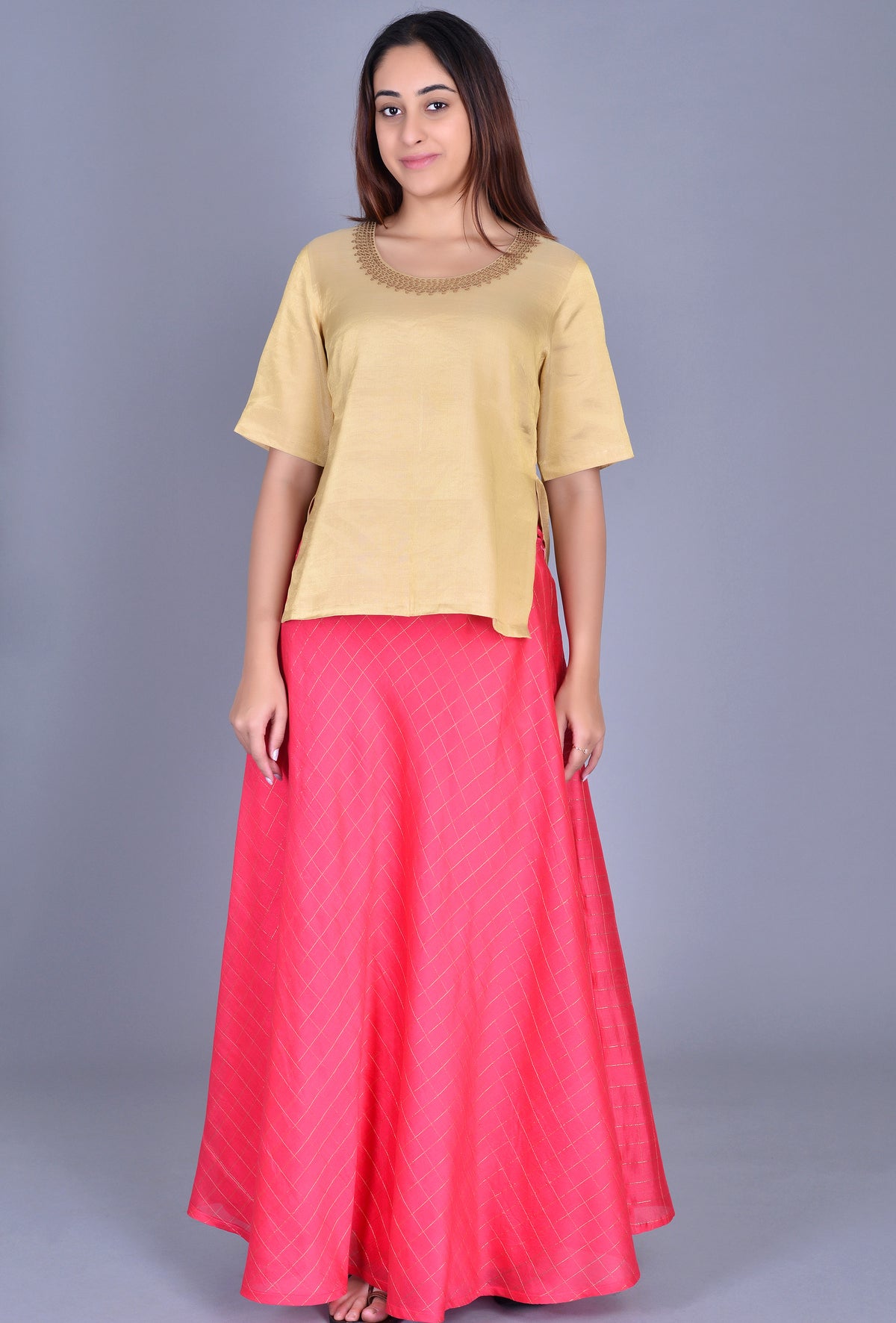 Pink Checks Chanderi Silk Skirt