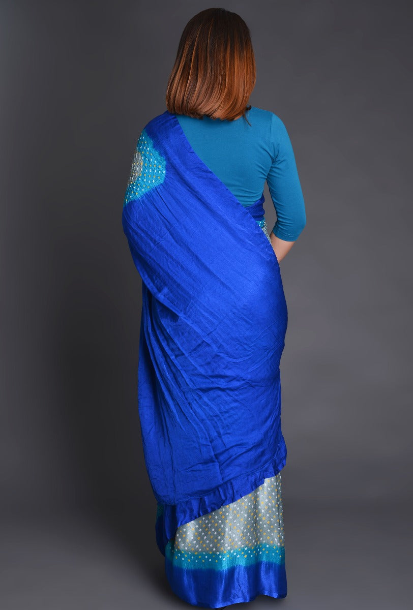 Grey Blue Gaji Silk Saree