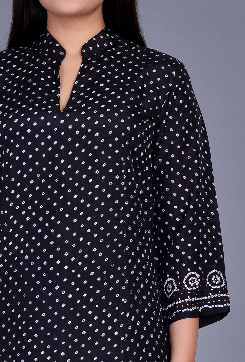 Silk Bandhani Stand Collar Ensemble