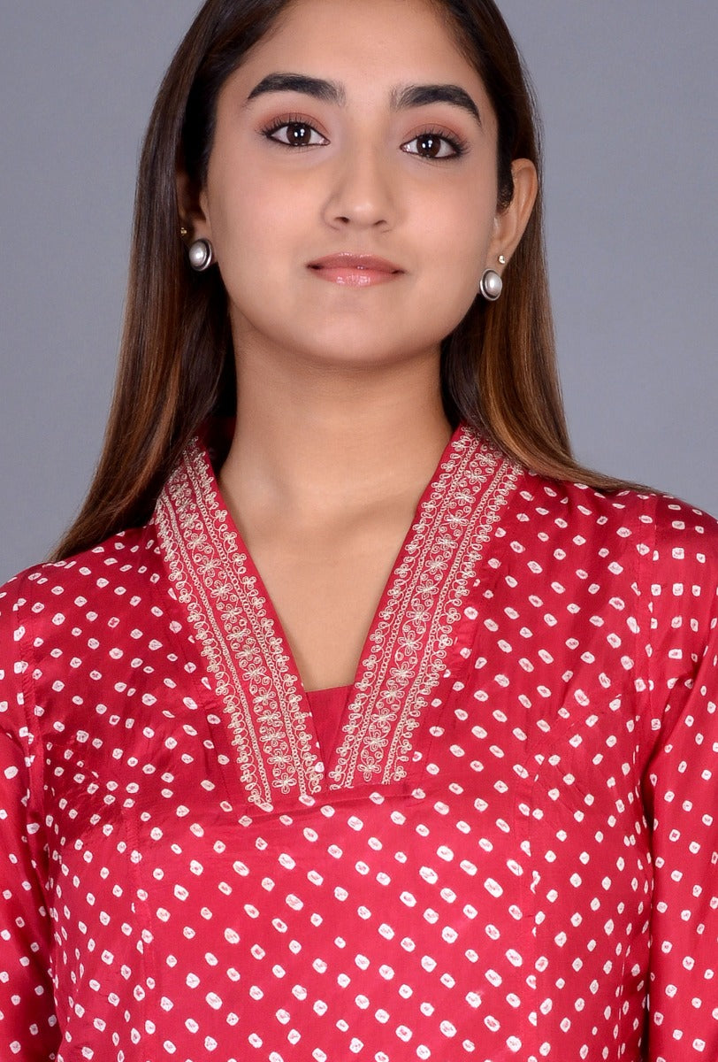 Raised Neck Maroon Silk Bandhani Kurta