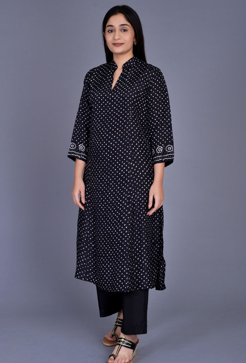 Silk Bandhani Stand Collar Ensemble