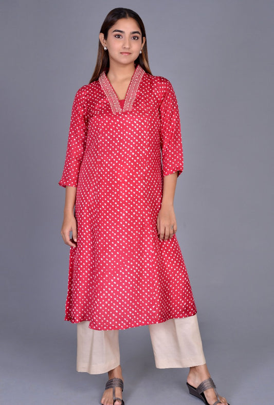 Raised Neck Maroon Silk Bandhani Kurta