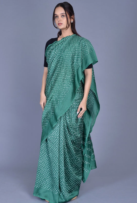 Green Chanderi Bandhani Saree