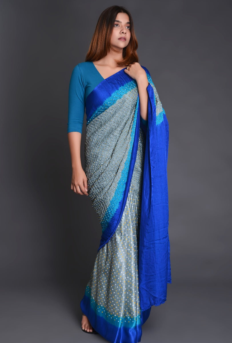 Grey Blue Gaji Silk Saree