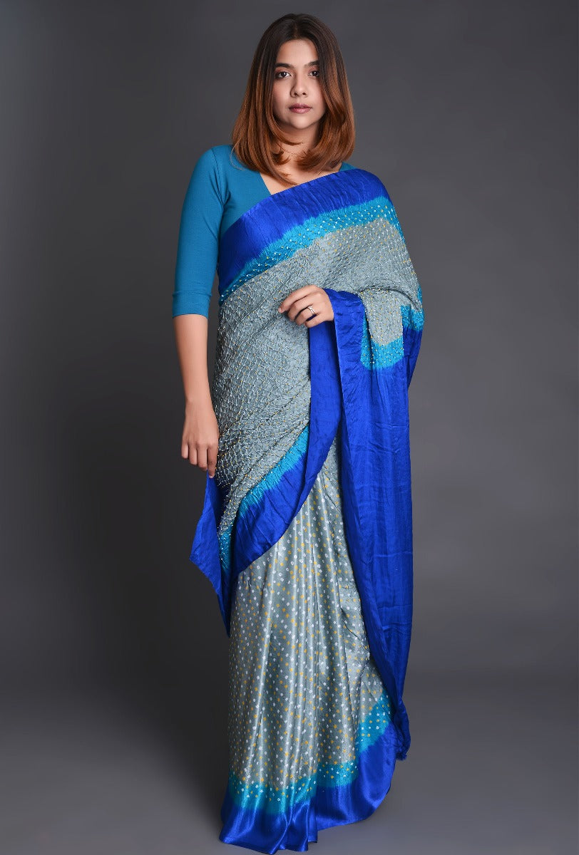 Grey Blue Gaji Silk Saree