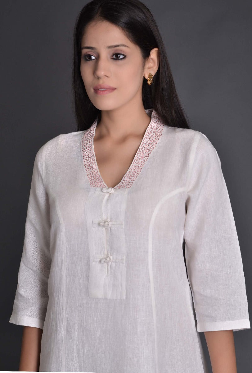 Pink-Offwhite Linen Kurta