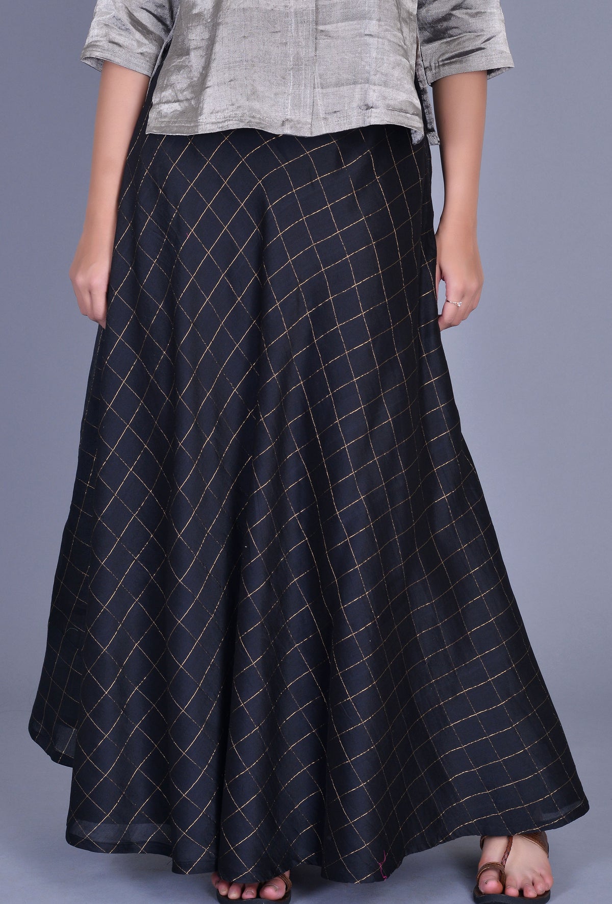 Black Checks Chanderi Silk Skirt