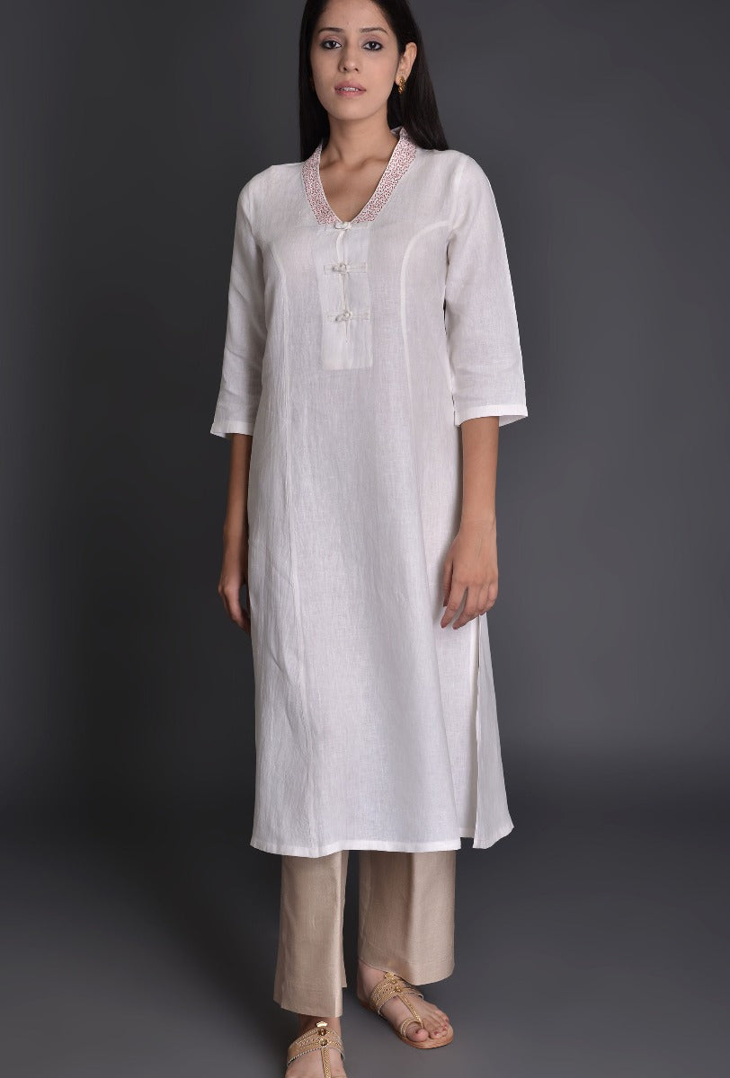 Pink-Offwhite Linen Kurta