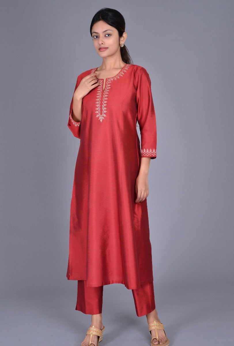 Maroon Cotton Silk Ensemble