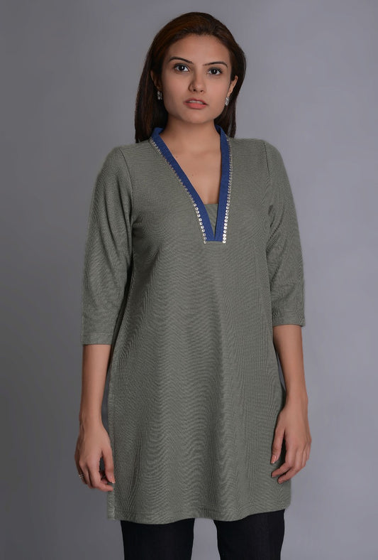 Olive Green Knit Contrast Collar Kurti with One Line Tikki
