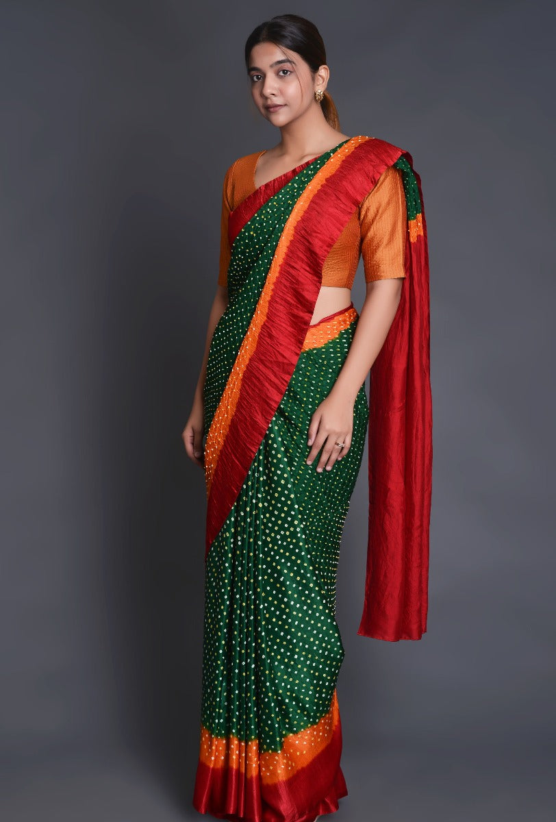 Green Gaji Silk Bandhani Saree