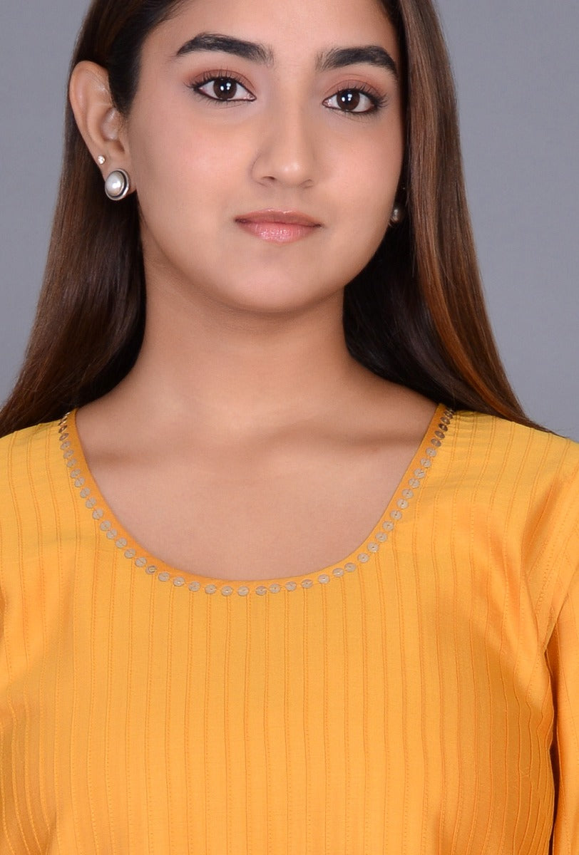 Yellow Cotton Silk Pintucks Ensemble with sequin