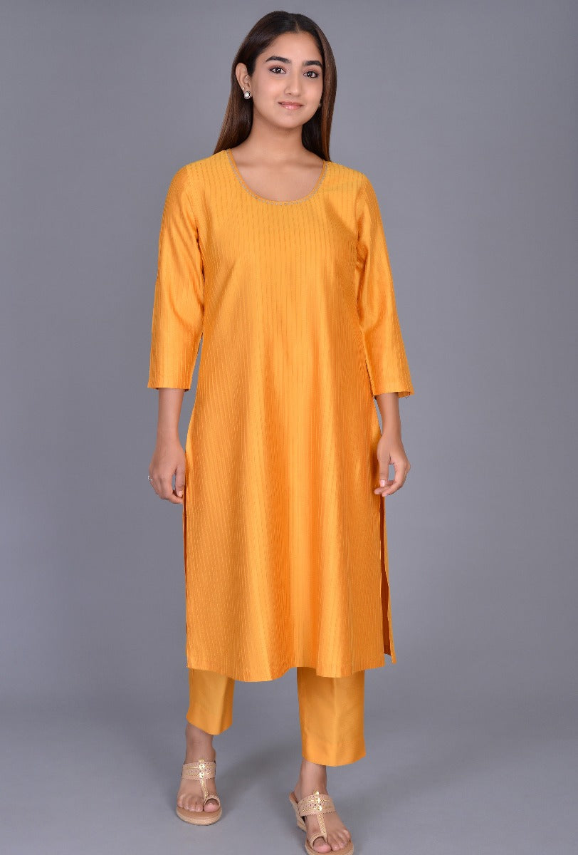 Yellow Cotton Silk Pintucks Ensemble with sequin
