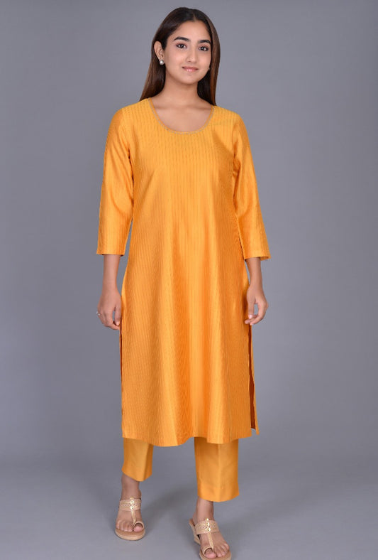 Yellow Cotton Silk Pintucks Ensemble with sequin