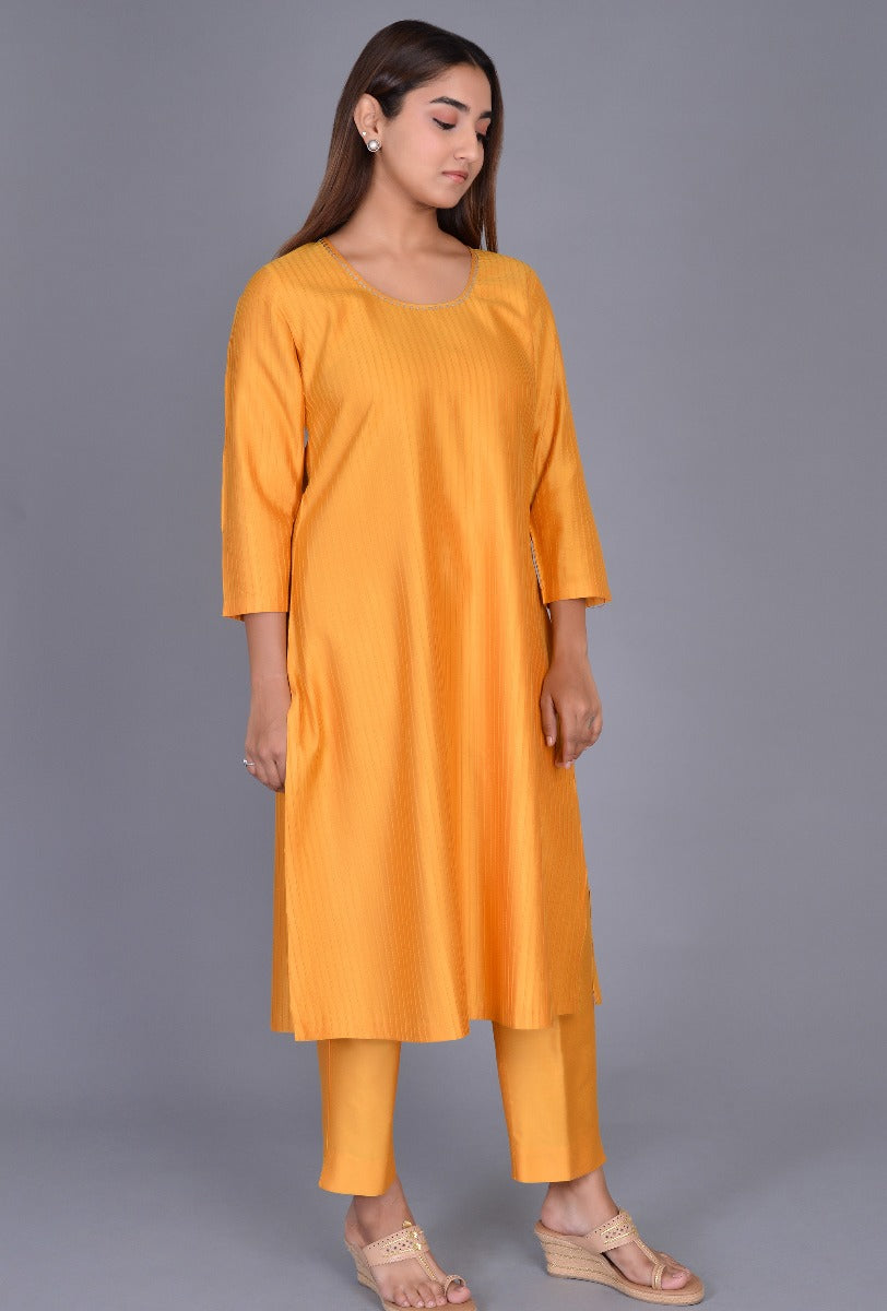 Yellow Cotton Silk Pintucks Ensemble with sequin