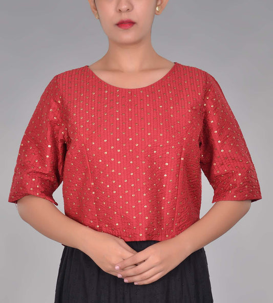 Maroon Boat Neck Crinkled Silk Sequin Choli