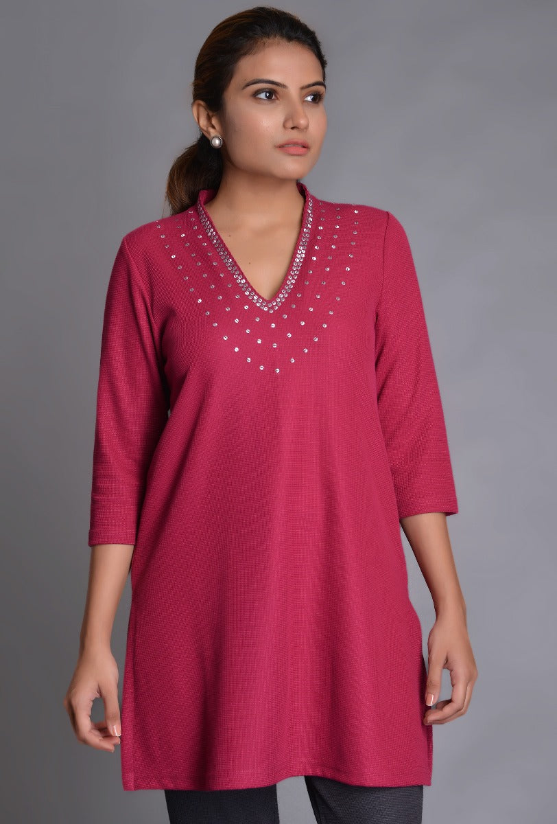 Knit Raised V Neck Kurti with 5 Line Tikki