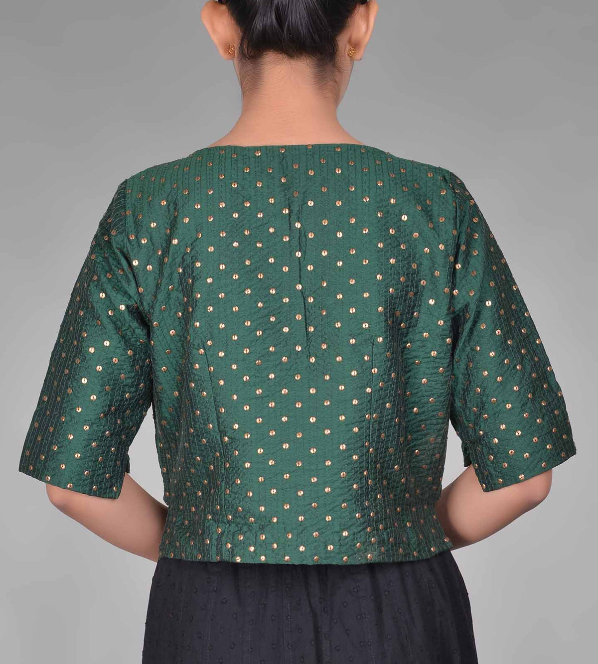 Green Boat Neck Crinkled Silk Sequin Choli