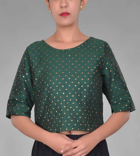 Green Boat Neck Crinkled Silk Sequin Choli