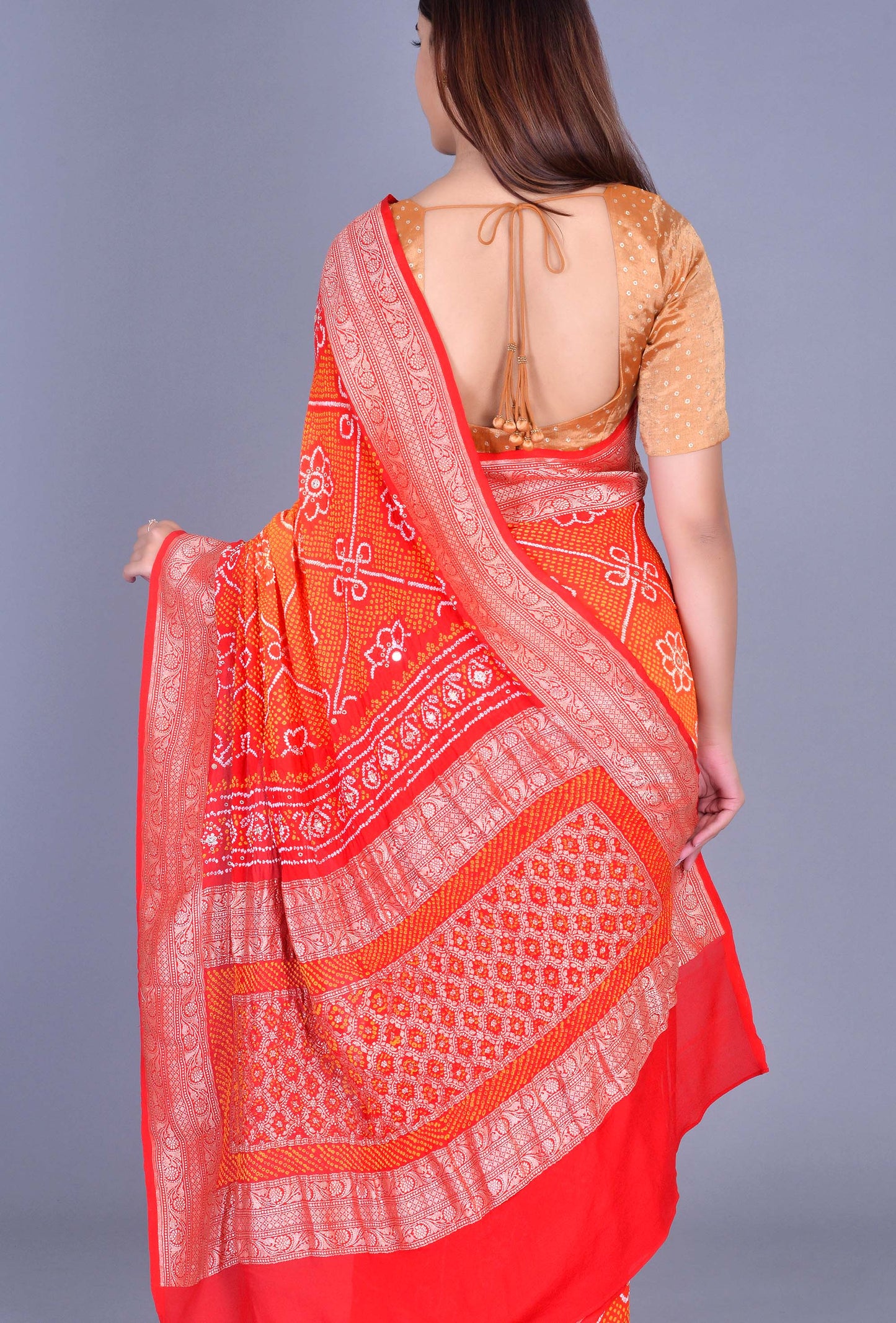 Red Orange Georgette Bandhani Saree