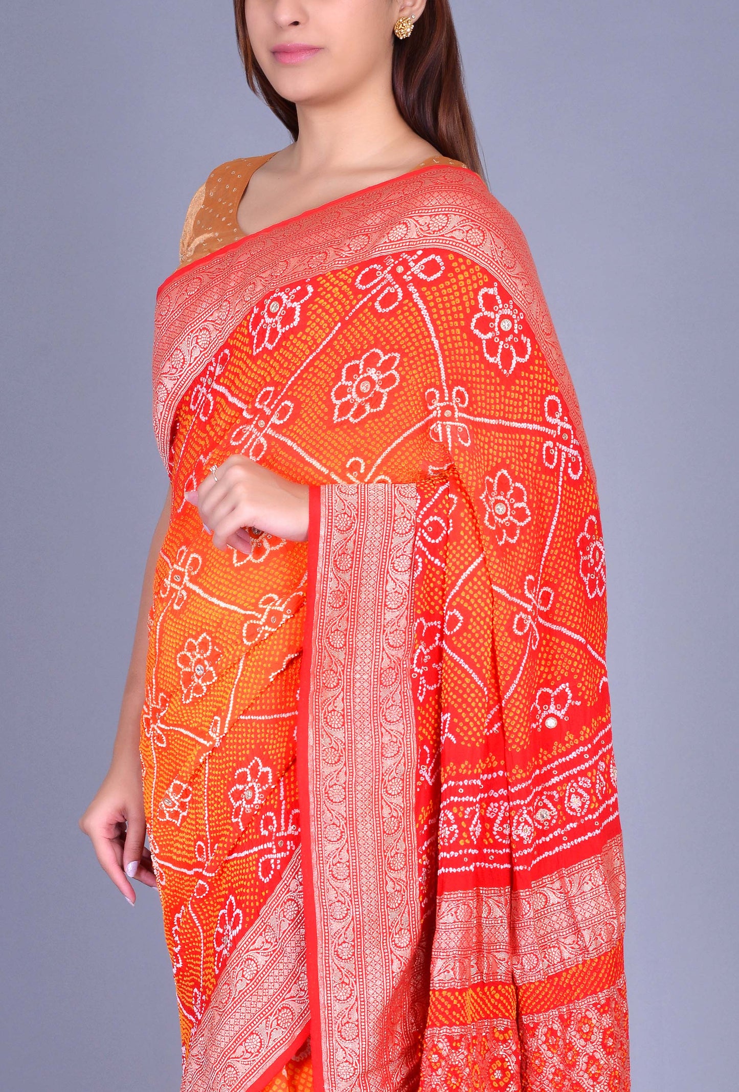 Red Orange Georgette Bandhani Saree