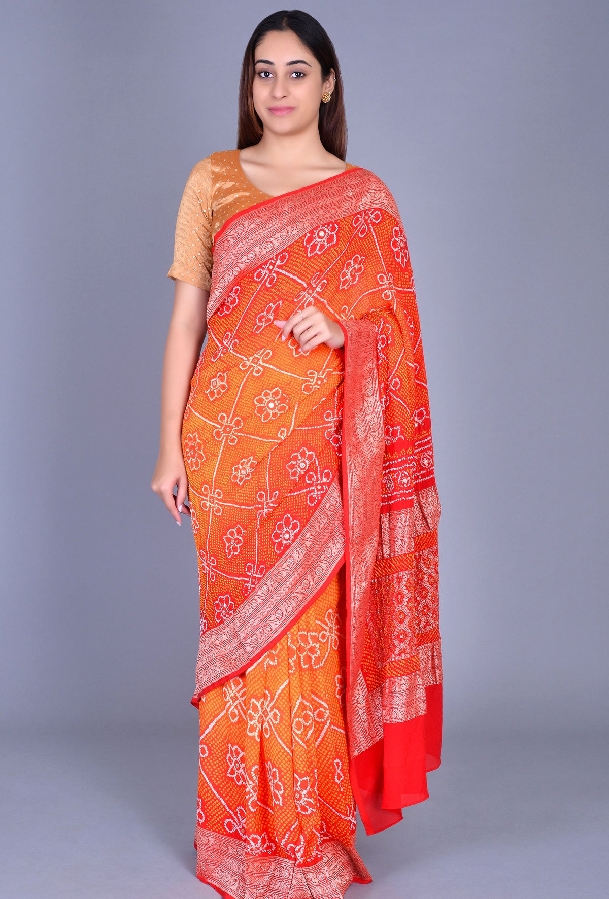 Red Orange Georgette Bandhani Saree