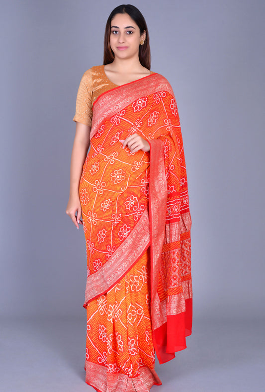 Red Orange Georgette Bandhani Saree
