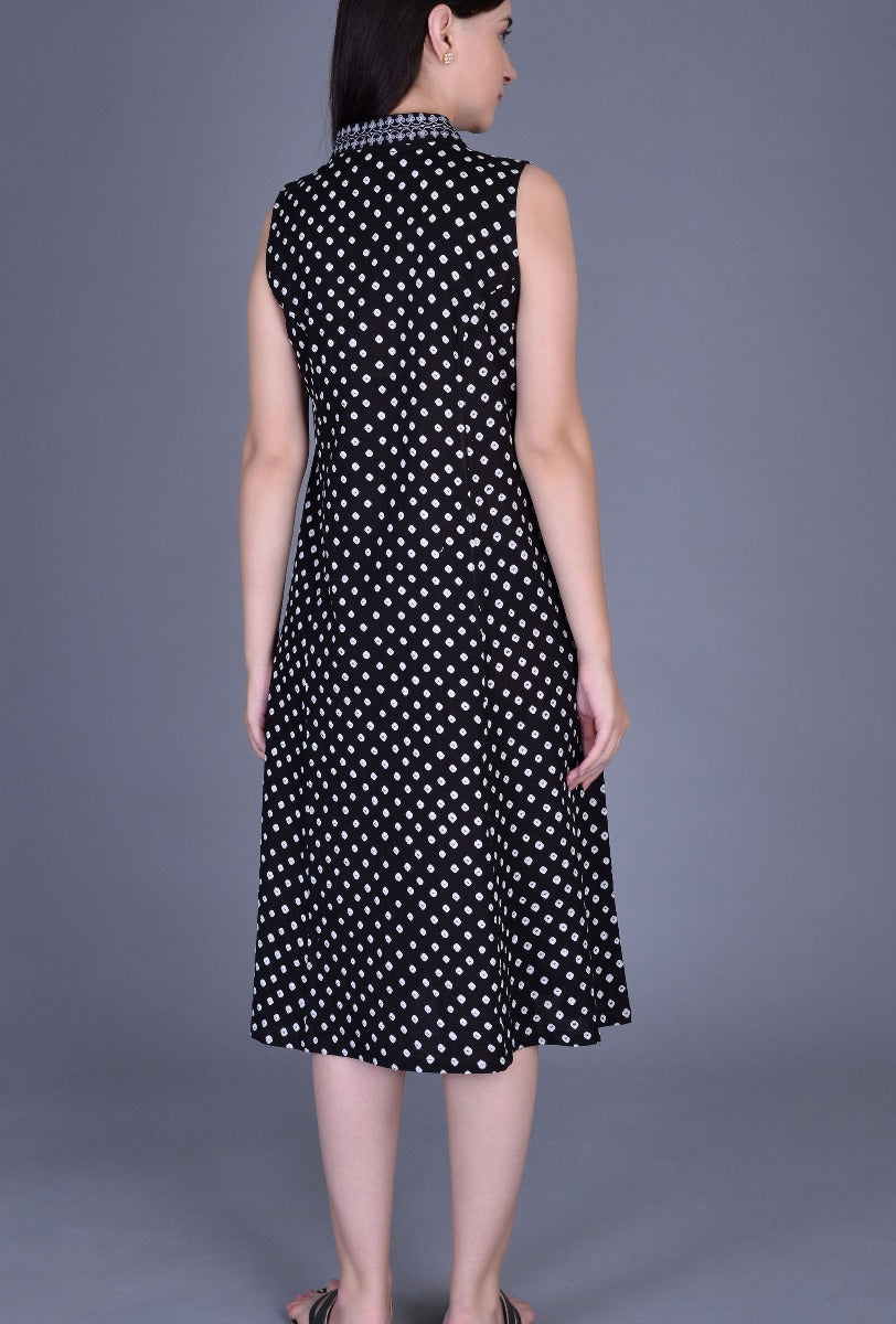 Black Sleeveless Cotton Bandhani Dress