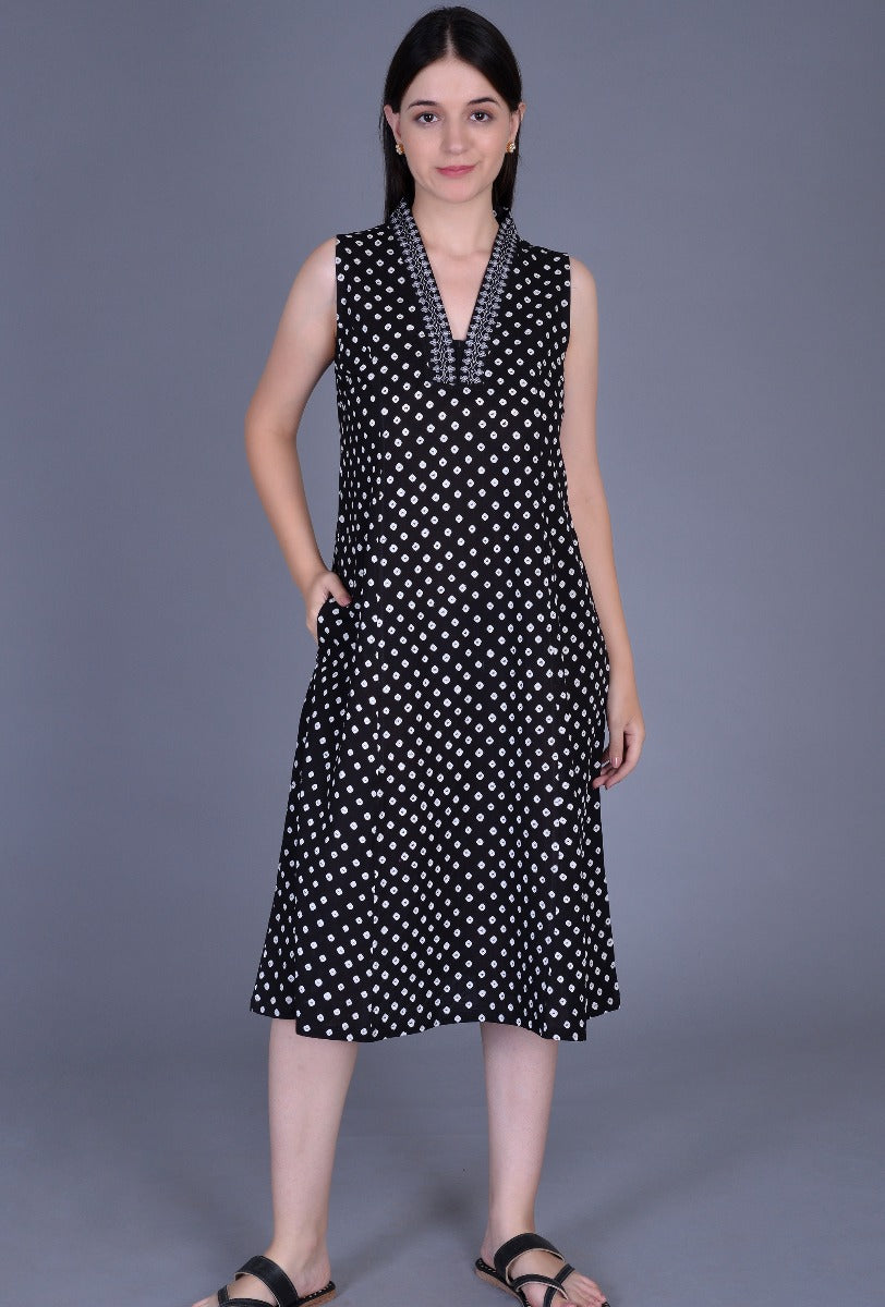 Black Sleeveless Cotton Bandhani Dress