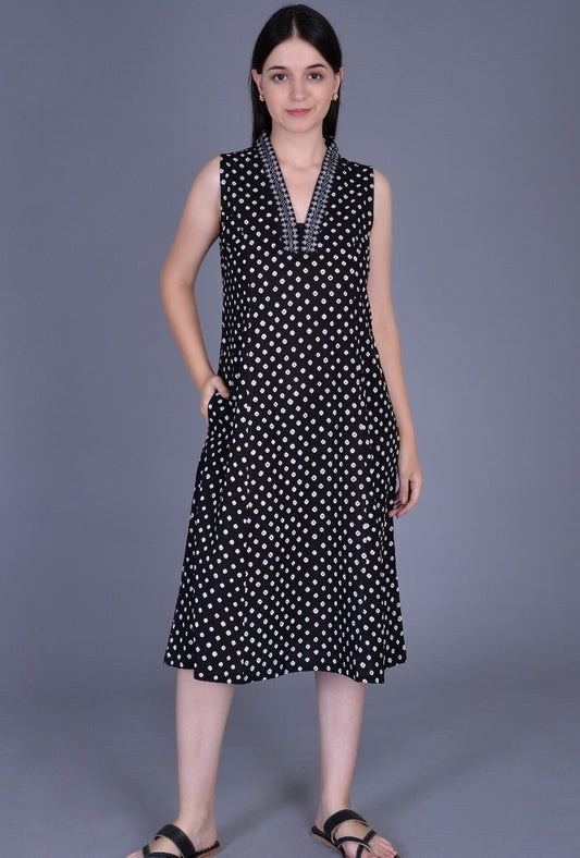 Black Sleeveless Cotton Bandhani Dress