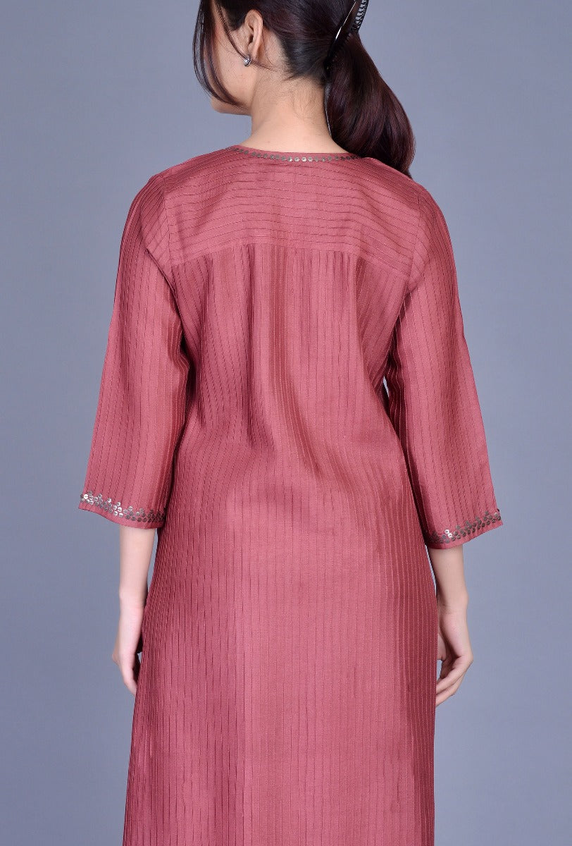 Round Neck Pink Cotton Silk Pintucks Ensemble