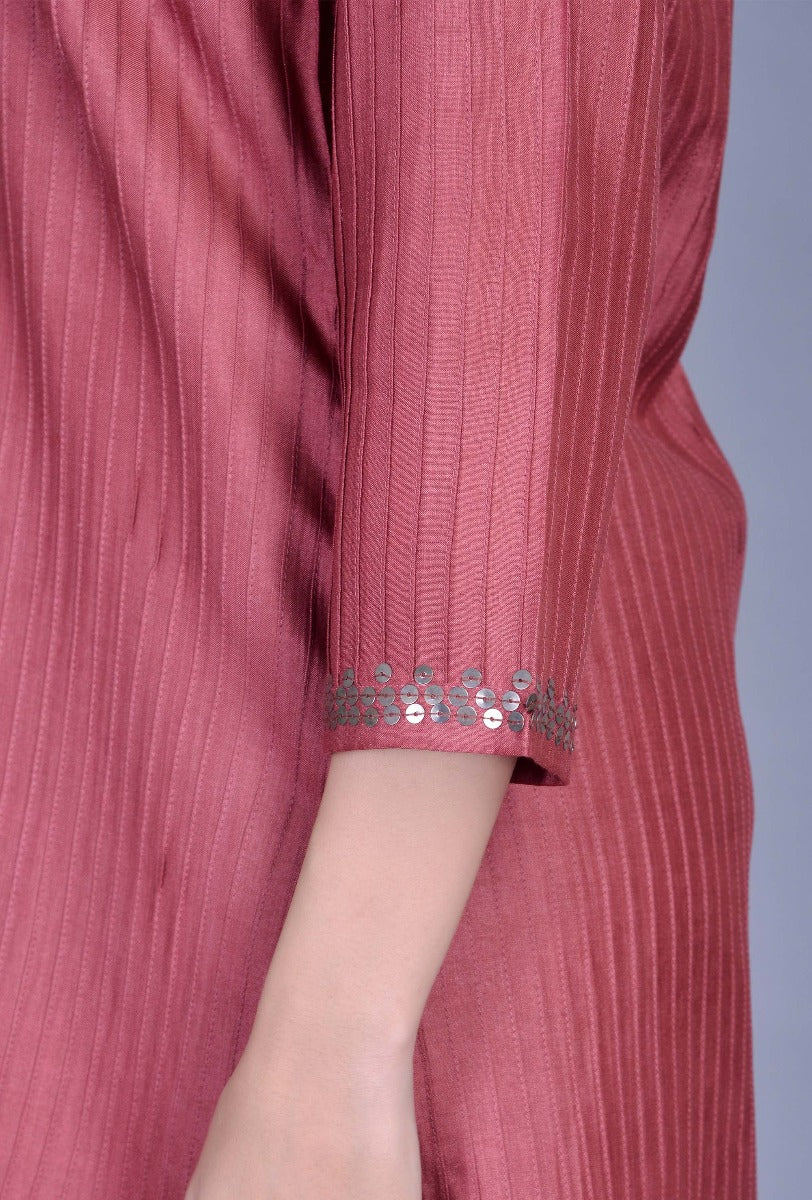 Round Neck Pink Cotton Silk Pintucks Ensemble