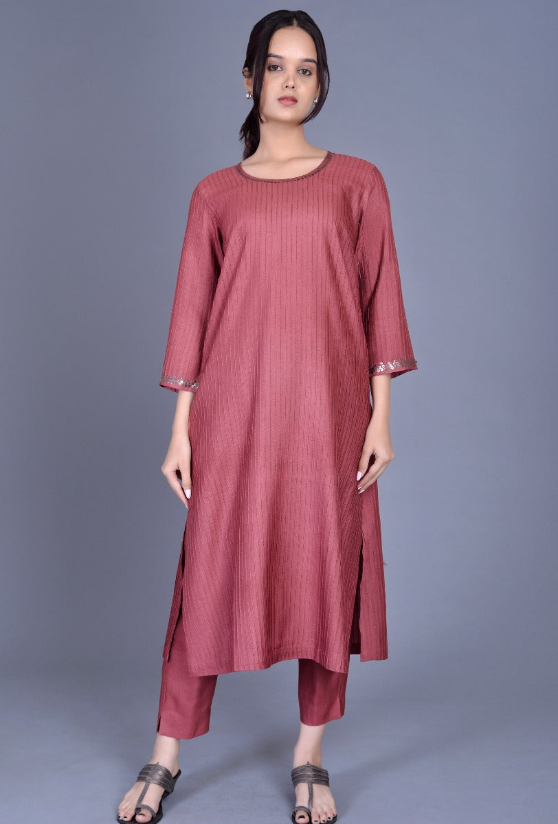 Round Neck Pink Cotton Silk Pintucks Ensemble