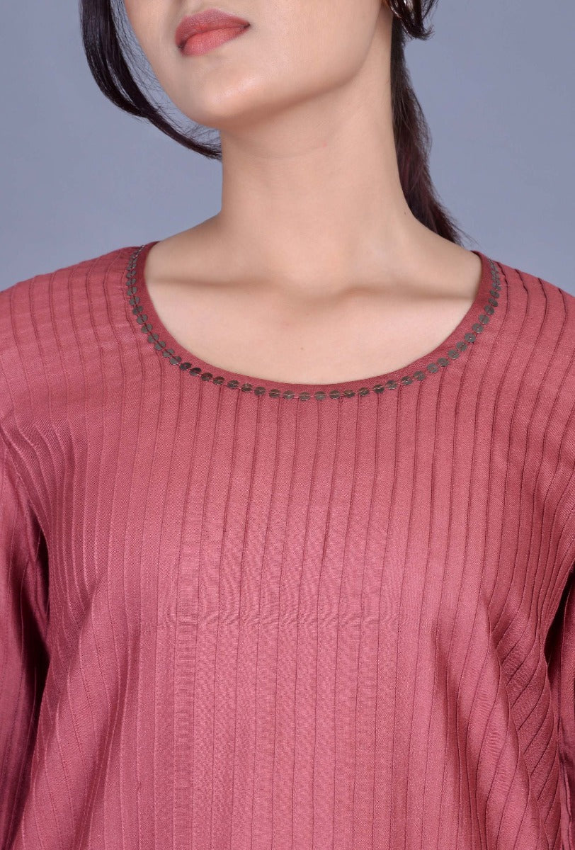 Round Neck Pink Cotton Silk Pintucks Ensemble