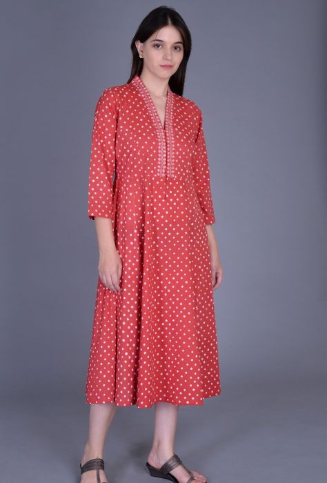 Brick Red Bandhani Kali Dress