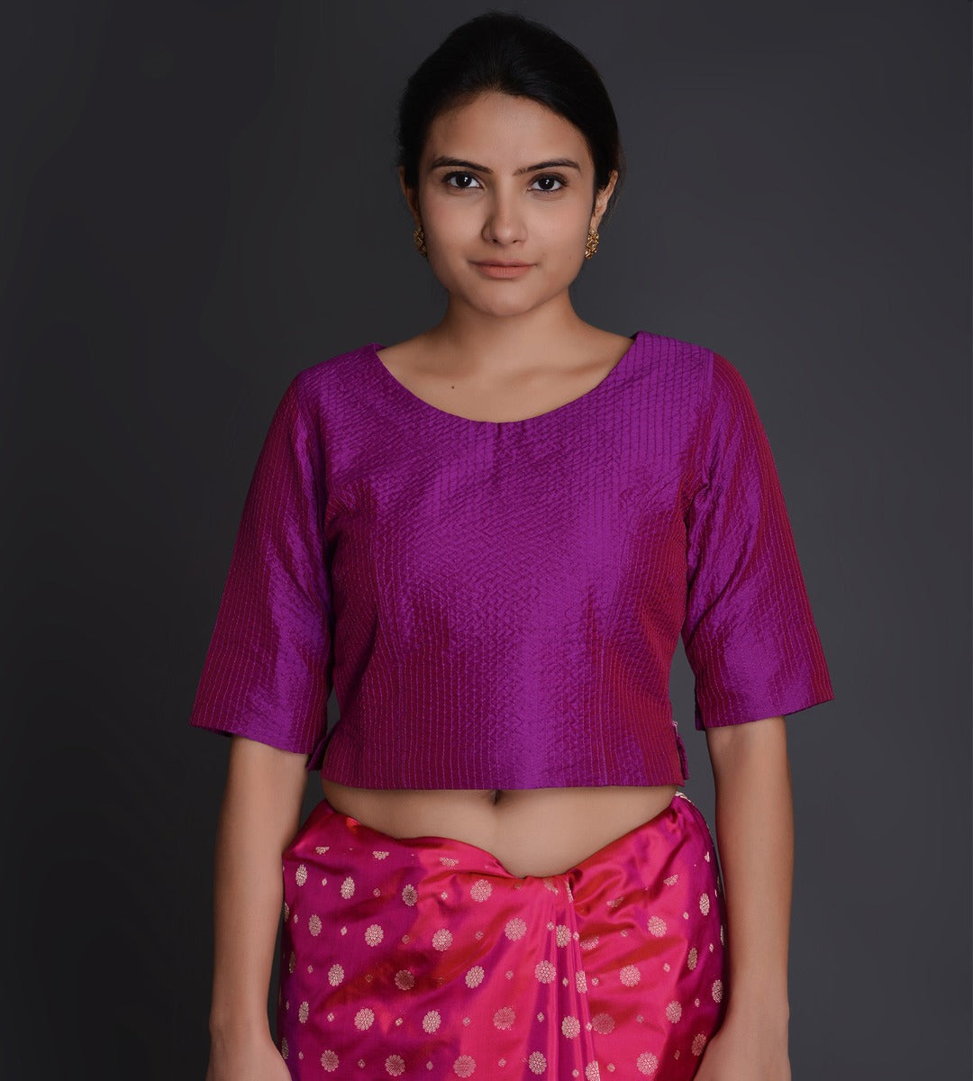 Purple Boat Neck Crinkled Silk Choli