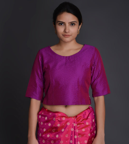 Purple Boat Neck Crinkled Silk Choli