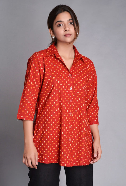 Red Cotton Bandhani Shirt