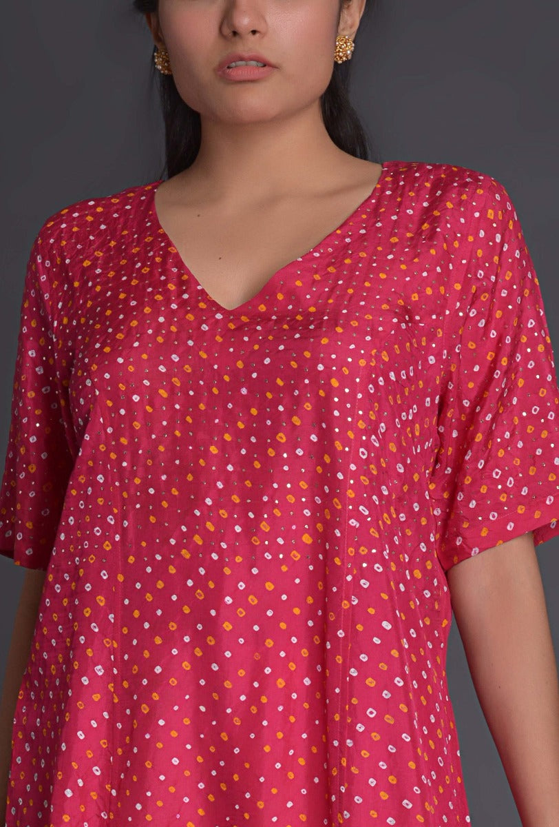 Silk Bandhani V Neck Kurta