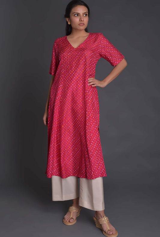 Silk Bandhani V Neck Kurta