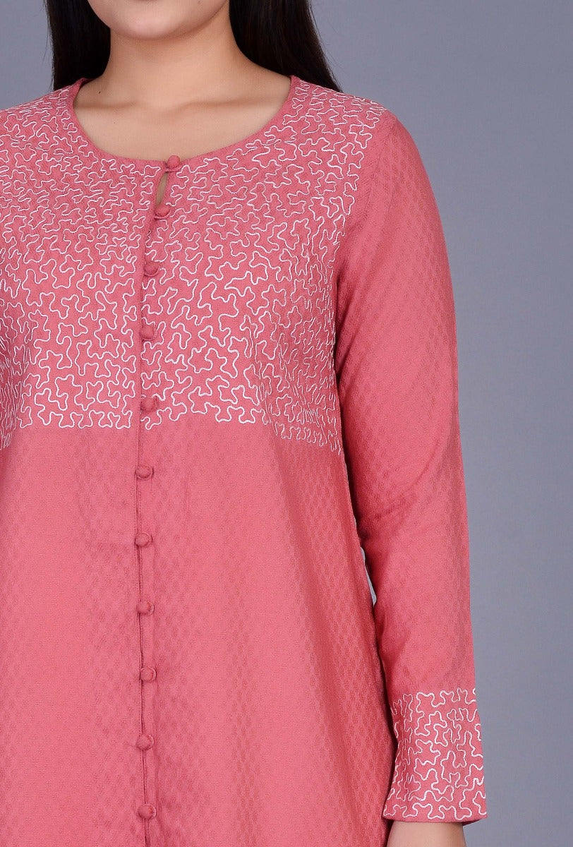 Pink Cotton Silk Kurta with Boriya Buttons