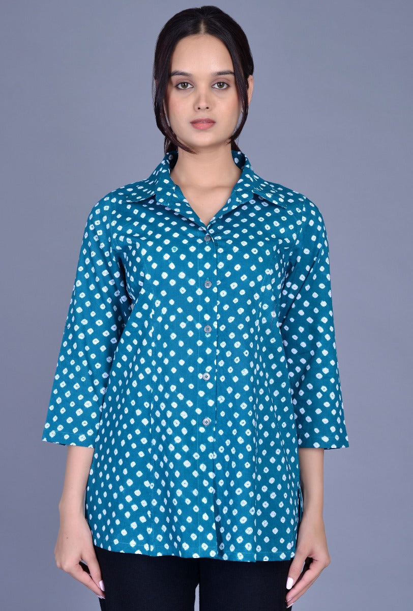 Green Cotton Bandhani Tennis Collar Shirt
