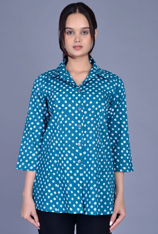 Green Cotton Bandhani Tennis Collar Shirt