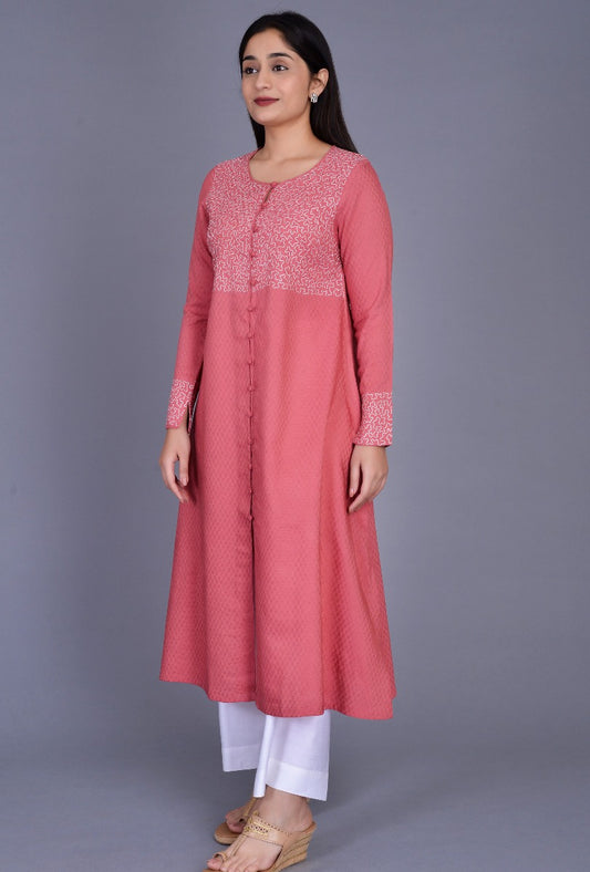 Pink Cotton Silk Kurta with Boriya Buttons