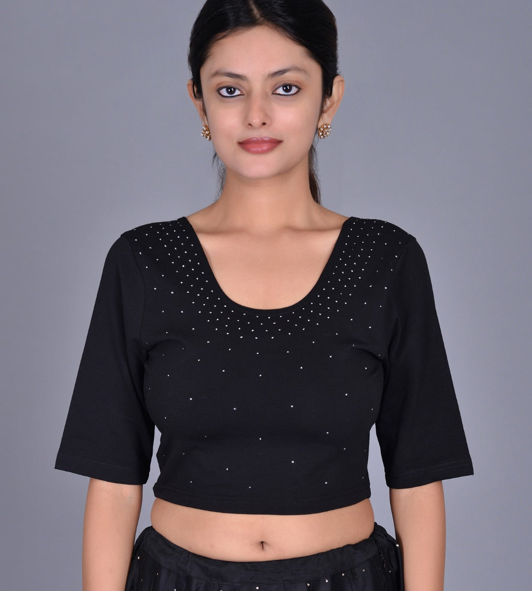 Black Knit Elbow Sleeve Badla Choli