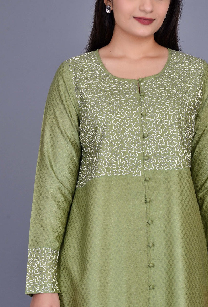 Green Cotton Silk Kurta with Boriya Buttons