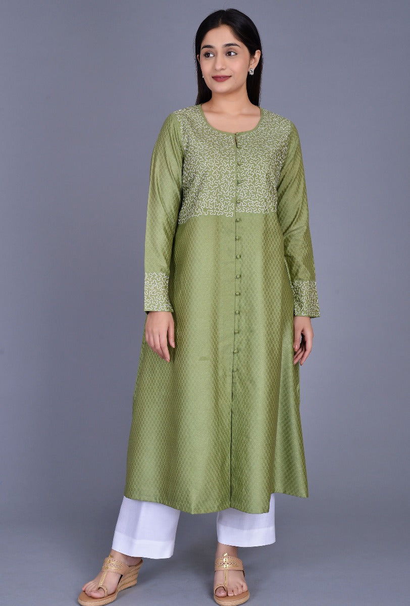 Green Cotton Silk Kurta with Boriya Buttons