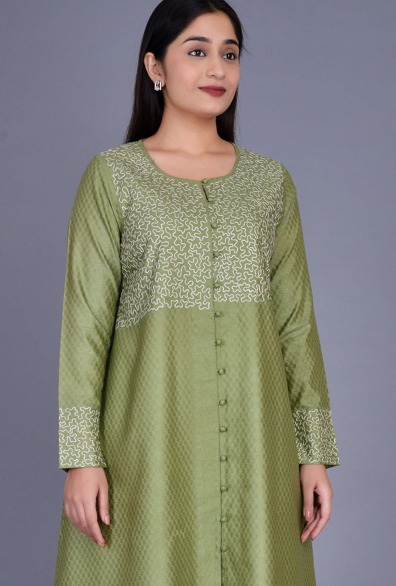 Green Cotton Silk Kurta with Boriya Buttons